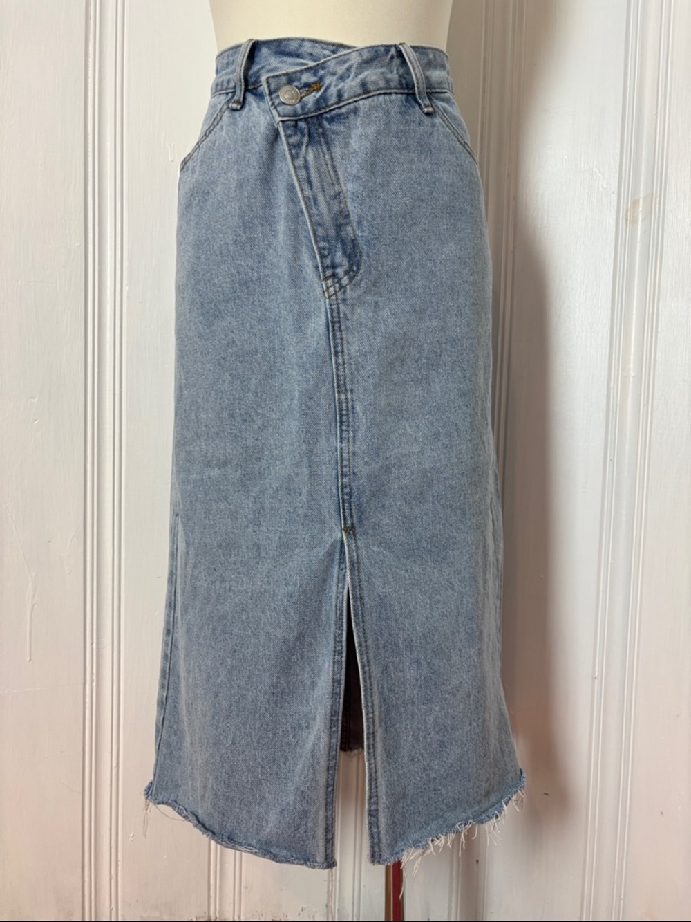 Light Wash Denim Midi Skirt Asymmetrical Waist Raw Hem Front Slit - Size XL